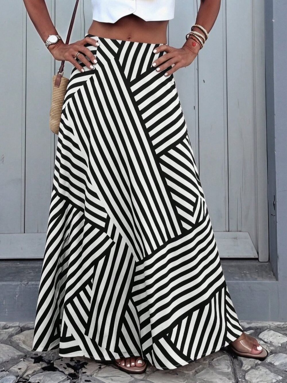 Black And White Casual Women's Striped Print Elastic Waist A-Line Skirt